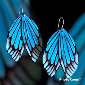 Handpainted, blue turquoise butterfly wing earrings, sterling wires OOAK insects